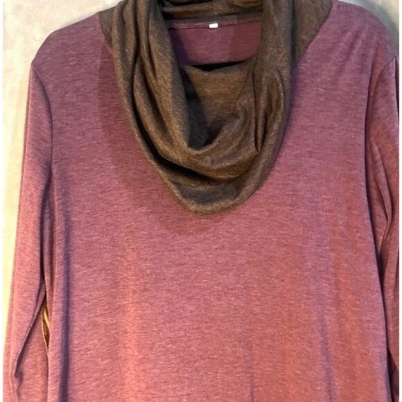 Womens Long Sleeve Cowl Neck Scarf Top Purple Plum Brown Heathered Elbow Patch - Picture 4 of 11